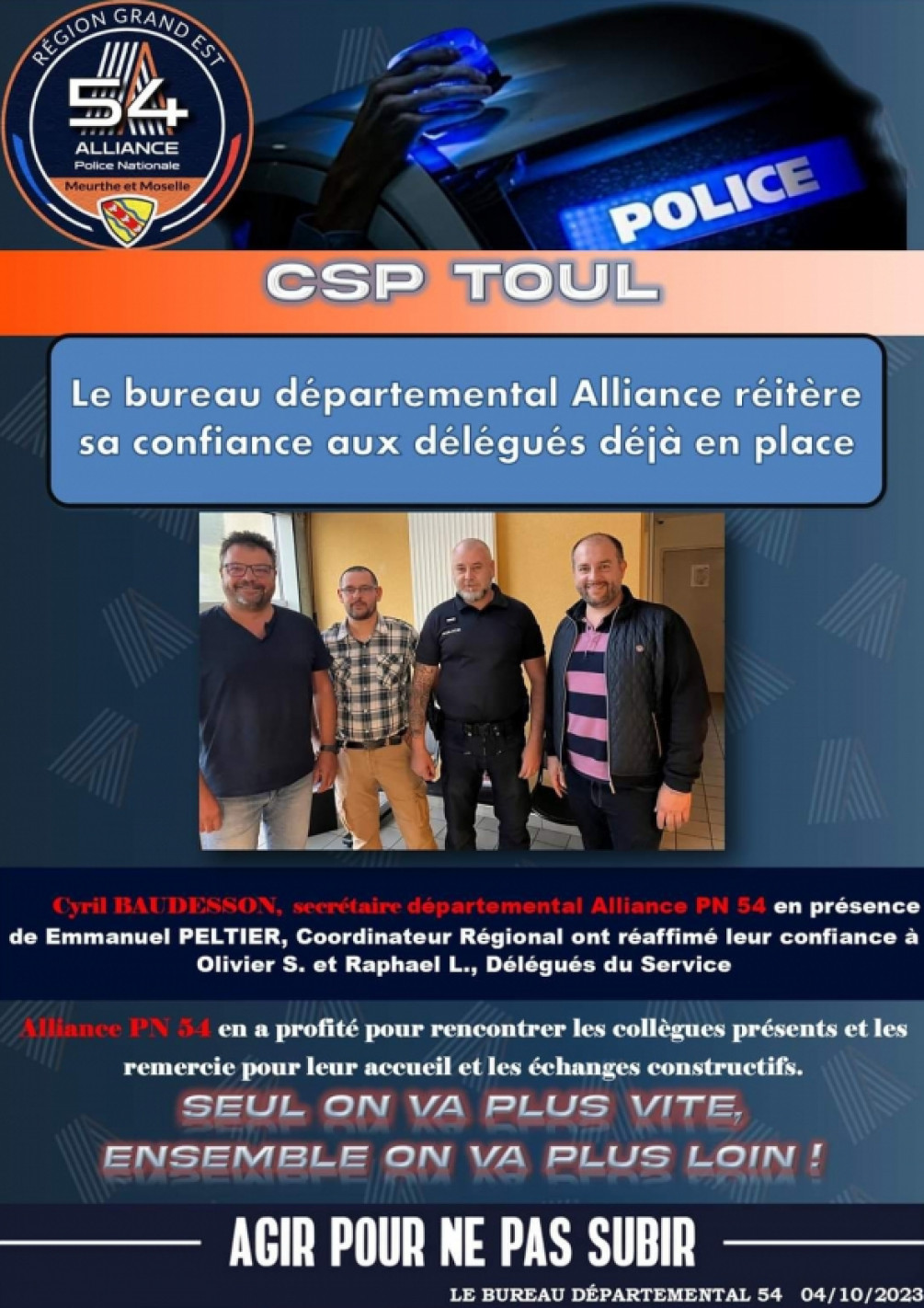 Csp TOUL Alliance Police Nationale réitère sa confiance en son équipe